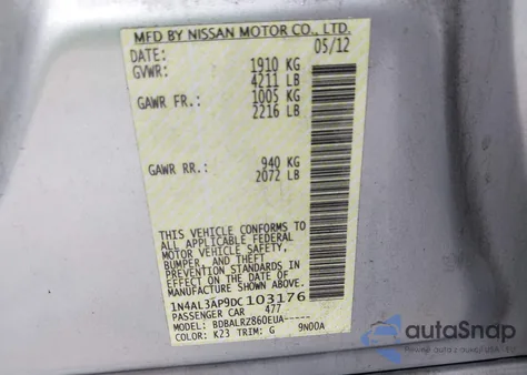 2013 Nissan Altima 2.5 S z USA, uszkodzony, nr VIN 1N4AL3AP9DC103176